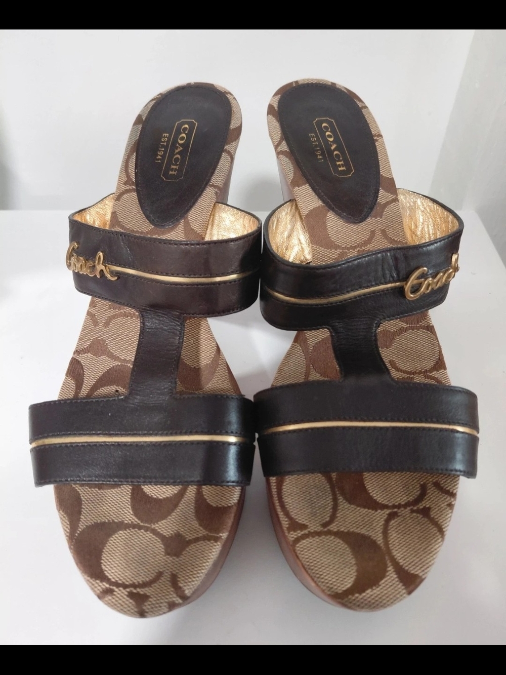 Coach Jonah Signature Platform Mule Heels Size 8.5B/Brown/Black Leather Clogs